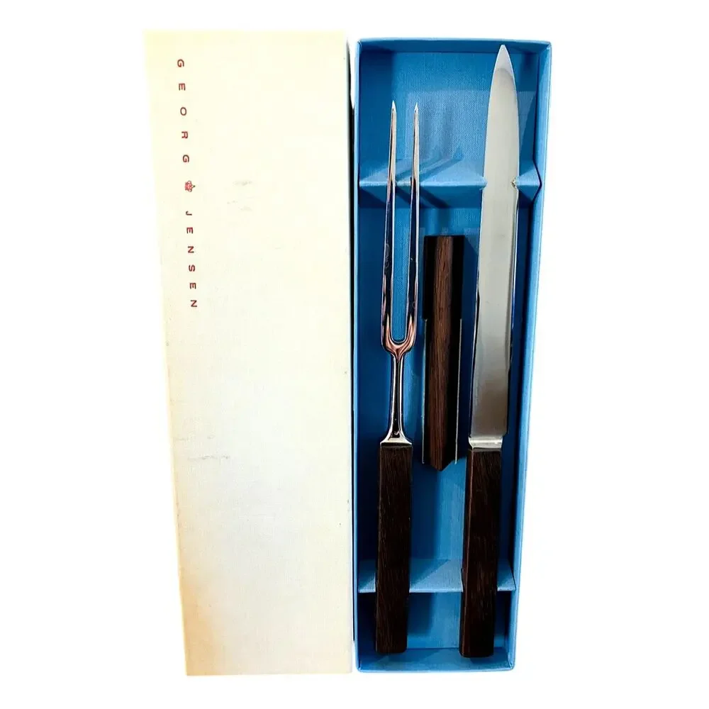 New Vintage Georg Jensen 3 Pc Carving Set Knife Fork Steel Box Denmark NOS
